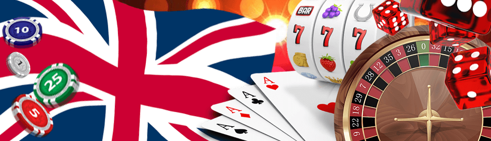 union jack flag with online casino chips and a laptop for online gambling.